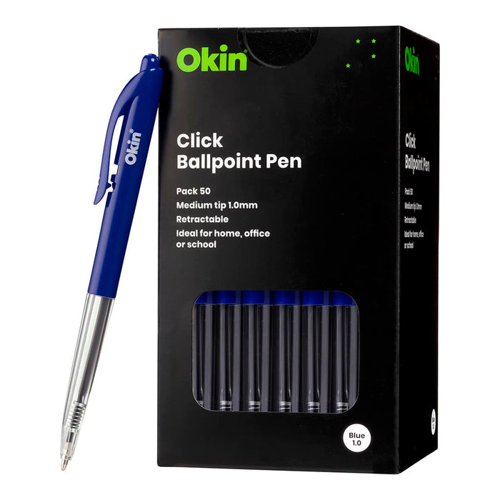 Okin Click Ballpoint Pen, Medium, Blue, Pack of 50