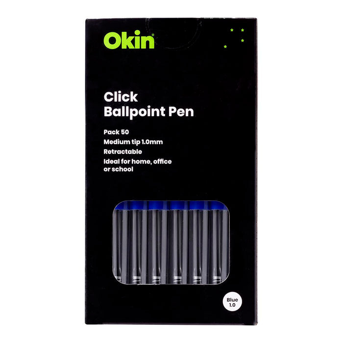 Okin Click Ballpoint Pen, Medium, Blue, Pack of 50