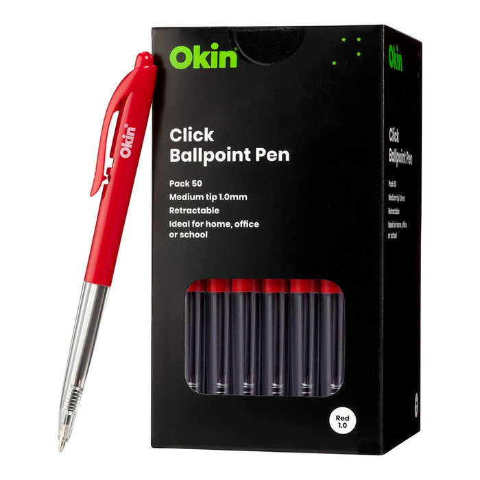 Okin Click Ballpoint Pen, Medium, Red, Pack of 50