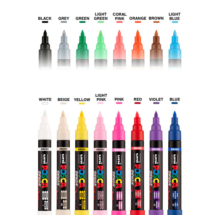 Uni Posca PC-5BR Brush Tip Marker 1-4mm Medium, 16 Pack Assorted Colours