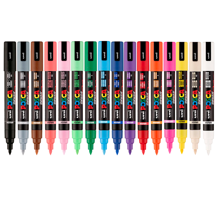 Uni Posca PC-5BR Brush Tip Marker 1-4mm Medium, 16 Pack Assorted Colours