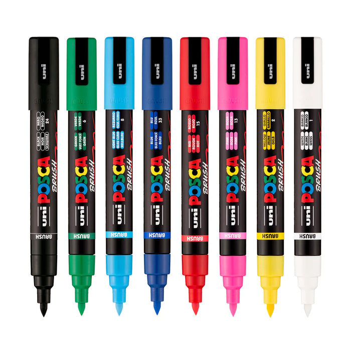 Uni Posca PC-5BR Brush Tip Marker 1-4mm Medium, 8 Pack Assorted Colours