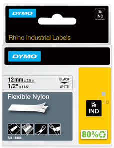 Dymo Rhino Flexible Nylon 12mm x 3.5mt Black On White Label Tape (18488)