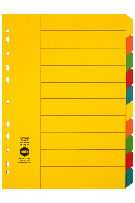 Marbig A4 Cardboard Coloured Indices/Divider, 10 Tab