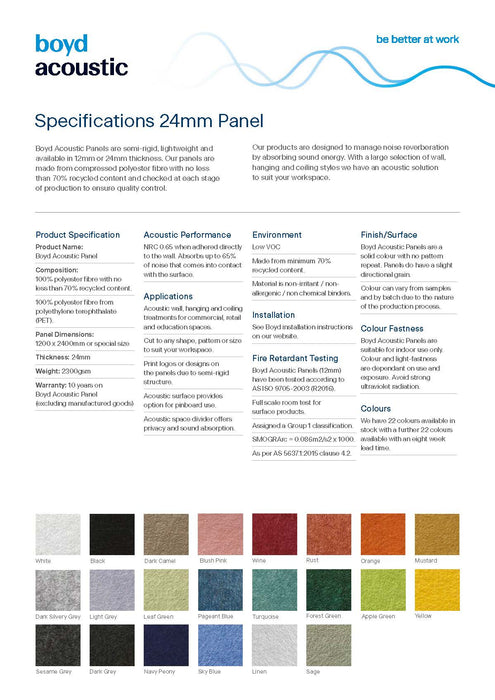 Acoustic Panels 1220mm x 2440mm x 24mm - Choice of Colours