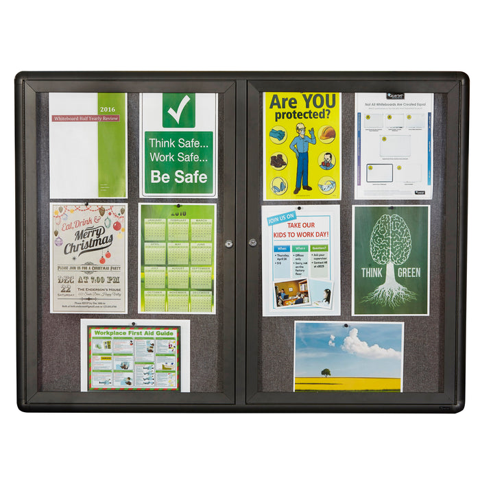 Grey Fabric Bulletin Board With 2 Doors - Graphite Finish Aluminium Frame 1200 x 900mm