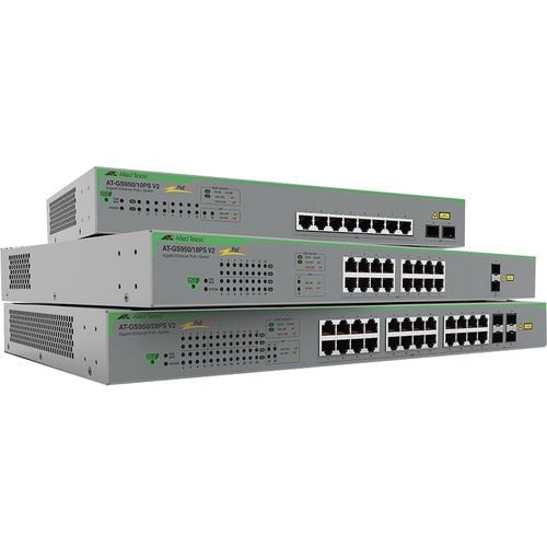 Allied Telesis GS950/10PS V2 WebSmart Gigabit PoE+ Switch - 8 Ports - Manageable - Gigabit Ethernet - 1000Base-X, 10/100/1000Base-T - 2 Layer Supported - Modular - 2 SFP Slots - 25 W Power Consumption - 75 W PoE Budget - Optical Fiber, Twisted Pair - PoE IM5510272