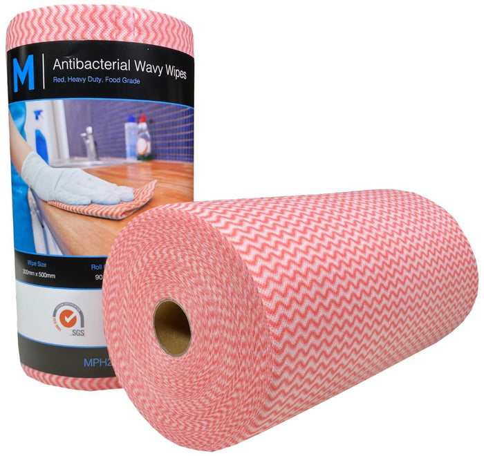 Antibacterial Wavy Wipes 300mm x 500mm x 90 sheets Roll - Red x 4 Rolls MPH27390