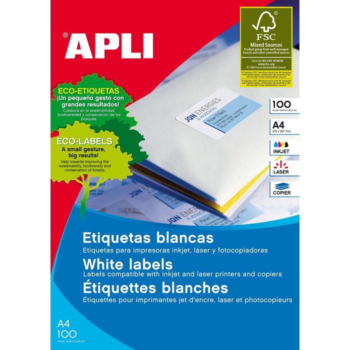 Apli Printable Labels A4 70mm x 37mm Square Edge 100 Sheets AO901273