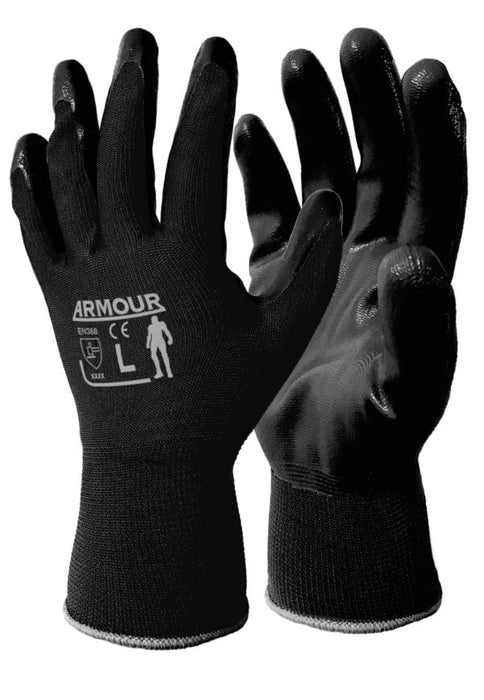 Armour Black Flat Nitrile Open Back Gloves, General Handling, 12 Pairs