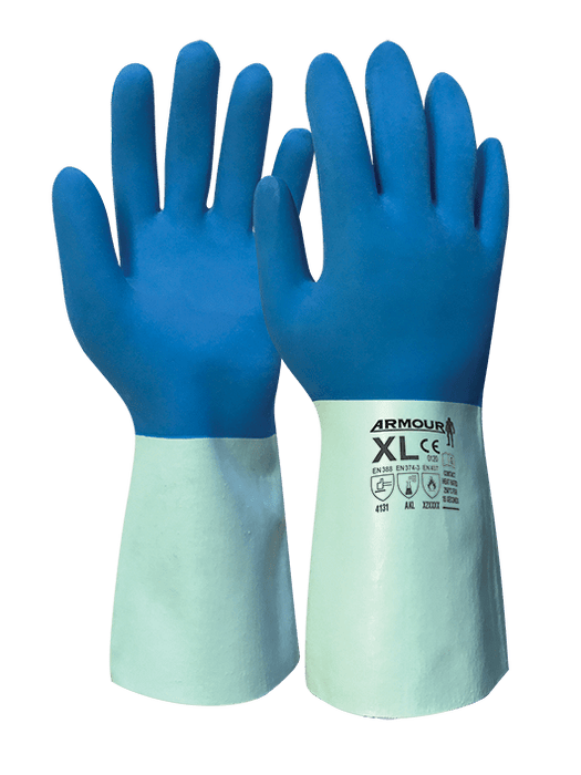 Armour Blue Latex Chemical Contact Gloves, Heat 250° Gauntlet, 30cm, 12 Pairs