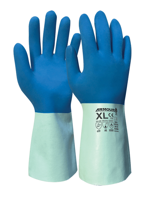 Armour Blue Latex Chemical Contact Gloves, Heat 250° Gauntlet, 30cm, 3 Pairs