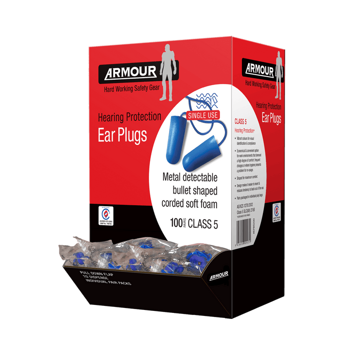 Armour Bullet Ear Plugs Metal Detectable Corded, Class 5, 100 Ear Plugs RMEPBMDC100