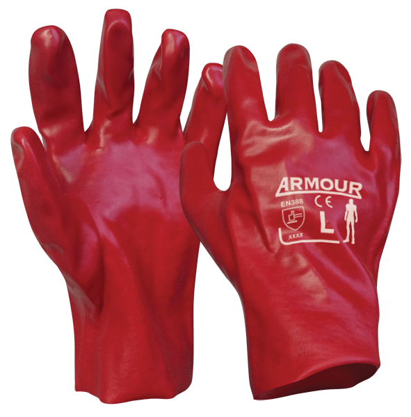 Armour Red PVC Gauntlet Gloves, Liquidproof, 27cm, 12 Pairs RMPVCRD27