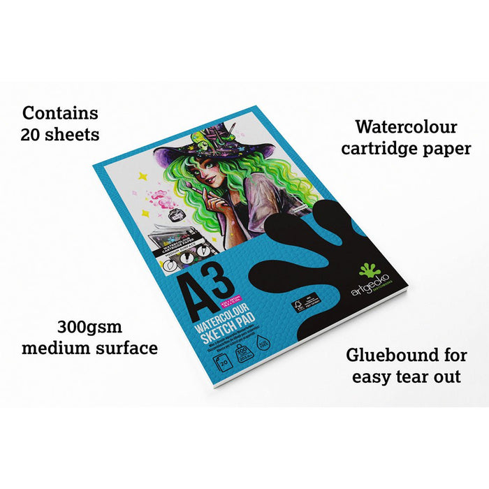 Artgecko Pro Watercolour Sketchpad A3 20 Sheets 300gsm White Paper CXGEC004