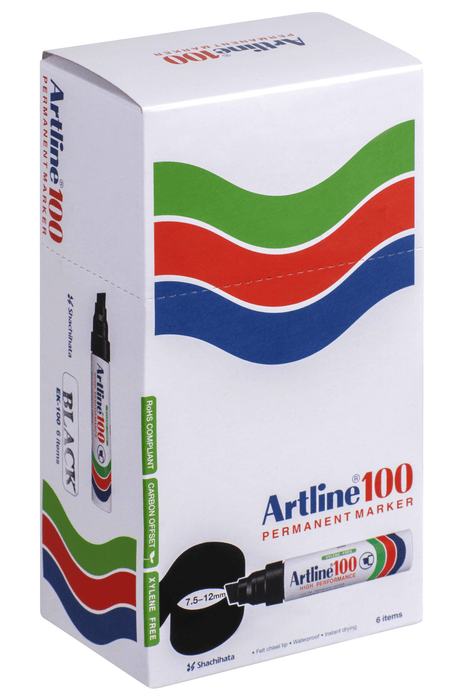 Artline 100 Permanent Marker Chisel Tip Black x 6's pack AO110001