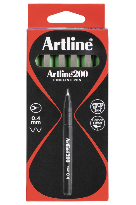 Artline 200 Bright Fineliner Pen 0.4mm Green x 12's pack AO120074