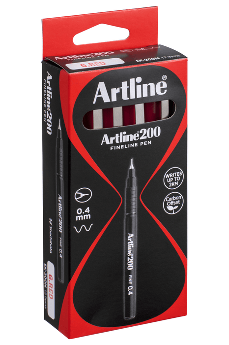 Artline 200 Bright Fineliner Pen 0.4mm Red x 12's pack AO120072