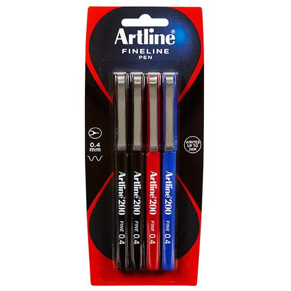 Artline 200 Fineliner Assorted Colours Pen 0.4mm x 4's Pack AO120084