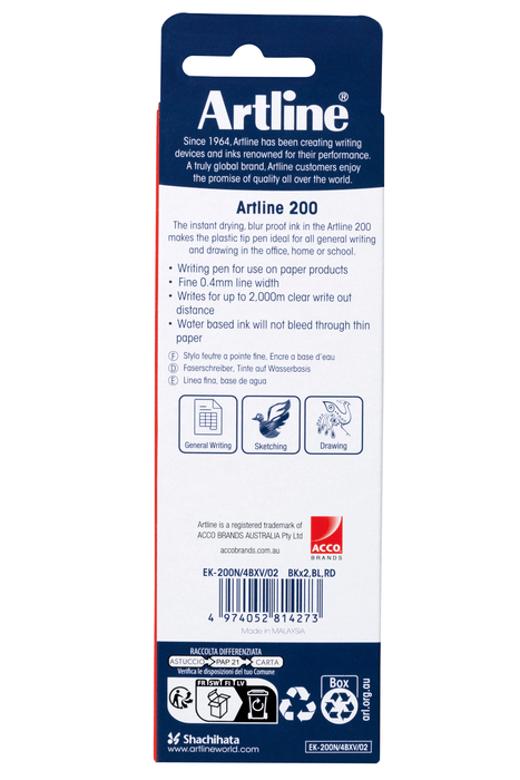 Artline 200 Fineliner Assorted Colours Pen 0.4mm x 4's Pack AO120084