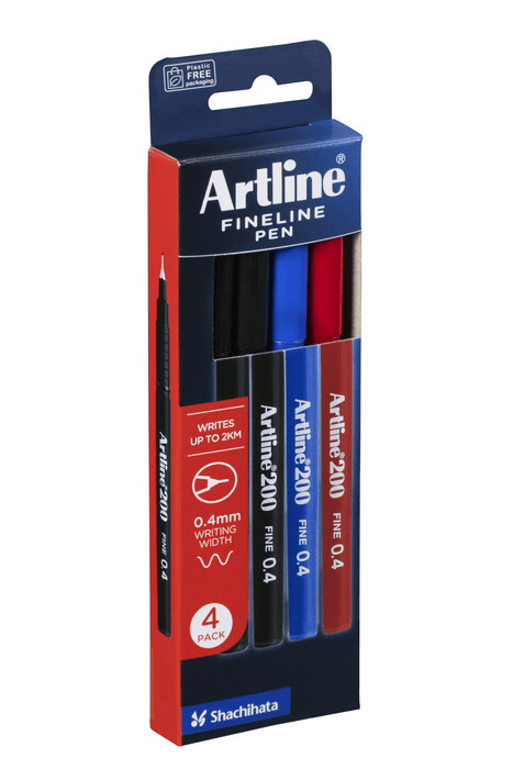 Artline 200 Fineliner Assorted Colours Pen 0.4mm x 4's Pack AO120084