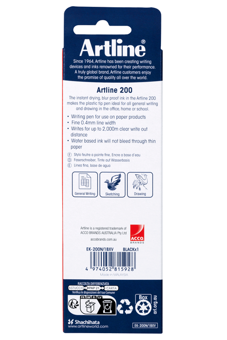 Artline 200 Fineliner Pen 0.4mm Black AO120061