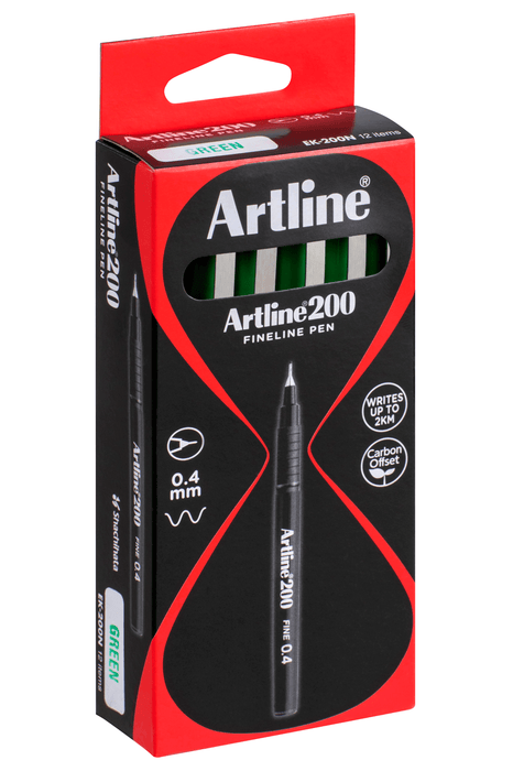 Artline 200 Fineliner Pen 0.4mm Green x 12's pack AO120004