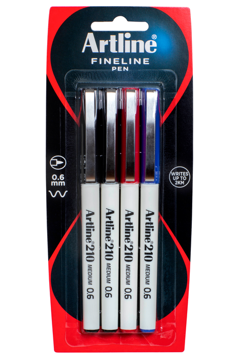 Artline 210 Fineliner Pen 0.6mm Assorted 4's Pack AO121084