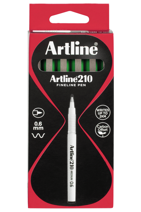 Artline 210 Fineliner Pen 0.6mm Green x 12's Pack AO121004