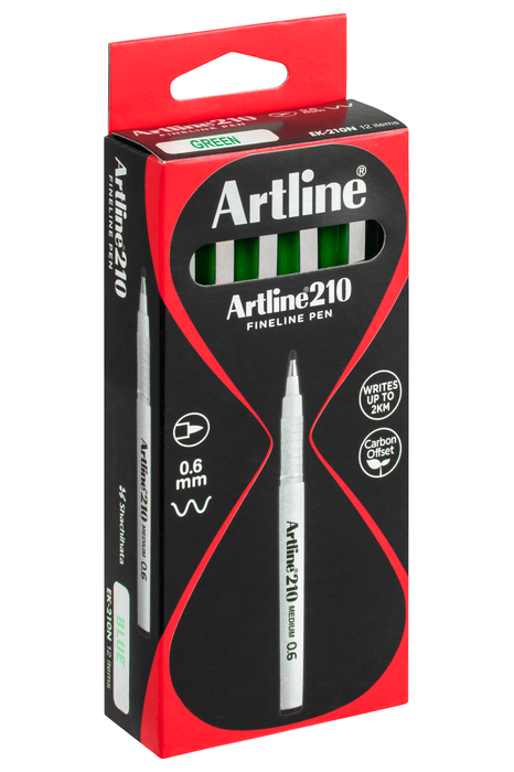 Artline 210 Fineliner Pen 0.6mm Green x 12's Pack AO121004