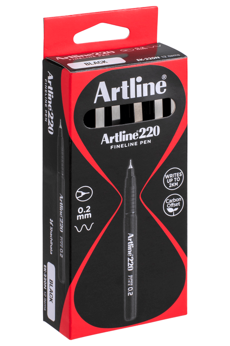 Artline 220 Fineliner Pen 0.2mm Black x 12's pack AO122001