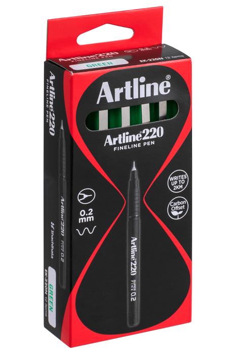 Artline 220 Fineliner Pen 0.2mm Green x 12's pack AO122004