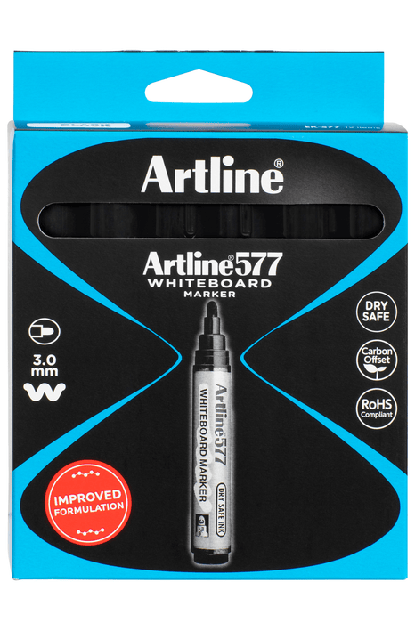 Artline 577 Whiteboard Marker 3mm Bullet Nib Black x 12's pack AO157701