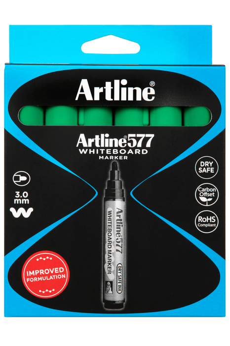 Artline 577 Whiteboard Marker 3mm Bullet Nib Green x 12's pack AO157704
