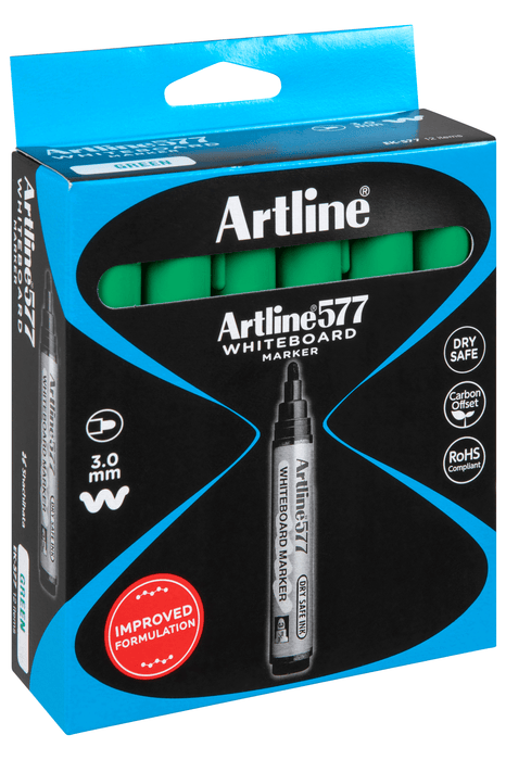 Artline 577 Whiteboard Marker 3mm Bullet Nib Green x 12's pack AO157704