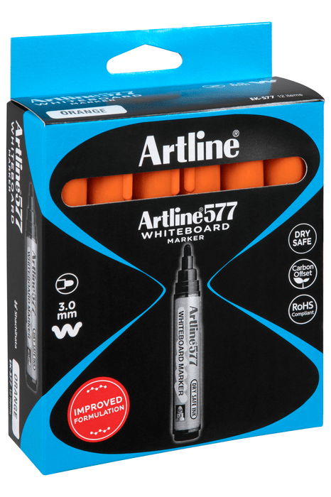 Artline 577 Whiteboard Marker 3mm Bullet Nib Orange x 12's pack AO157705