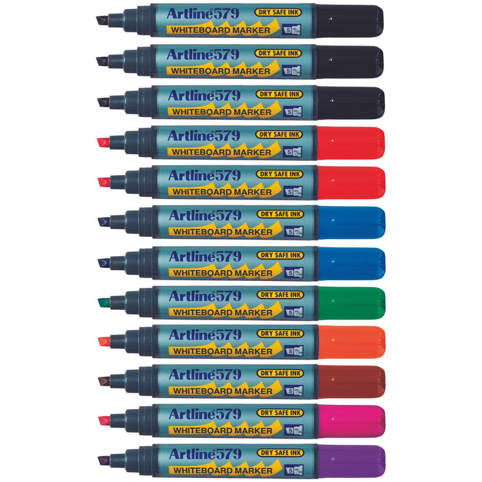 Artline 579 Whiteboard Markers 5mm Chisel Nib Assorted Colours x 12's pack AO157941
