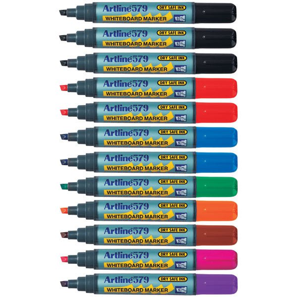 Artline 579 Whiteboard Markers 5mm Chisel Nib Assorted Colours x 12's ...