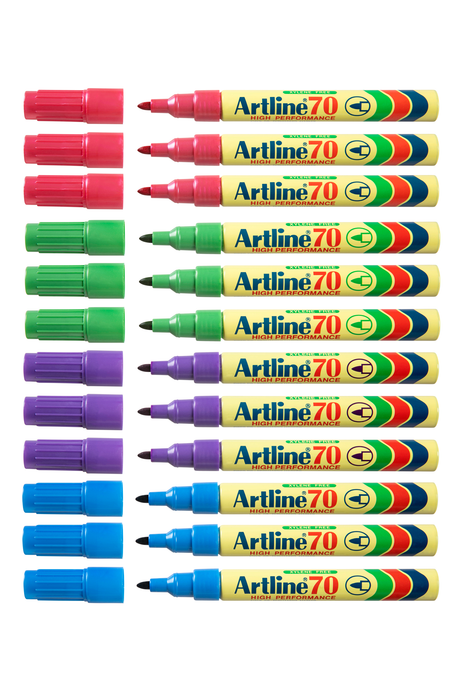 Artline 70 Bright Colours Permanent Marker Bullet Tip Assorted Colours x 12's Pack AO107044