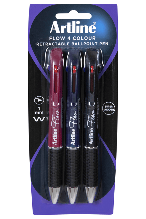 Artline Flow 4 Colour Retractable Ballpoint Pen Assorted Colours Pack of 3 AO198173