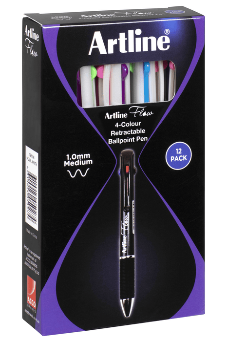 Artline Flow 4 Colour Retractable Ballpoint Pen Pearl White - Pack of 12 AO198106
