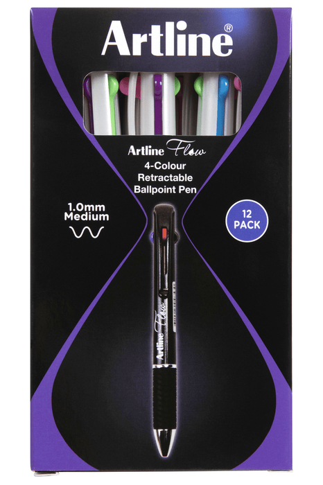 Artline Flow 4 Colour Retractable Ballpoint Pen Pearl White - Pack of 12 AO198106