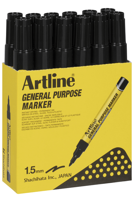 Artline General Purpose Permanent Marker Bullet Tip Black x 12's pack AO195101B