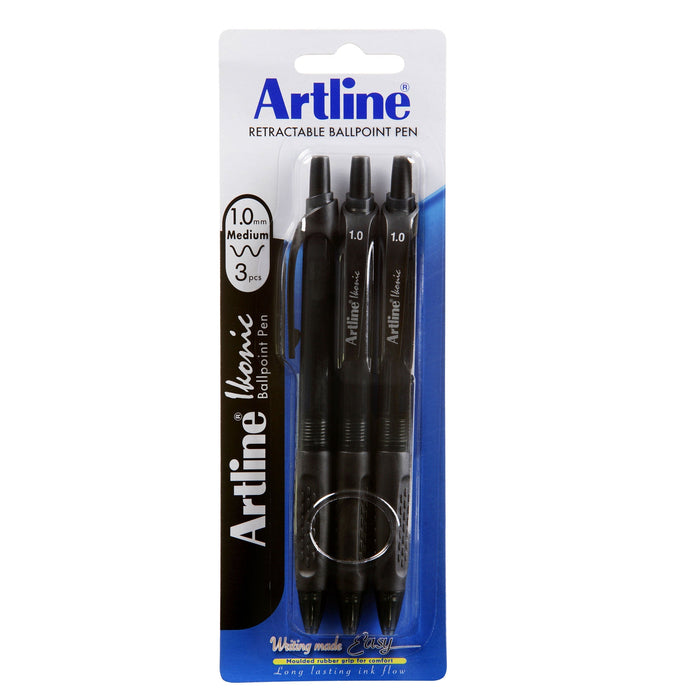 Artline Ikonic Retractable Grip Ballpoint Pen Medium Black 3's Pack AOIK184071