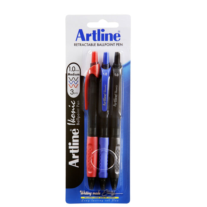 Artline Ikonic Retractable Grip Ballpoint Pen Medium Tip Assorted 3's pack AOIK1840741
