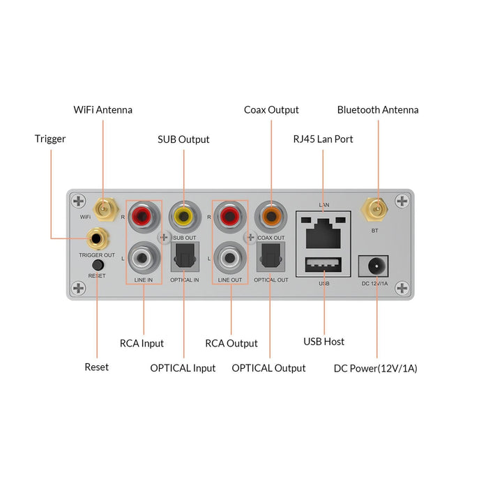 ARYLIC Compact Streamer. Supports Wifi & Bluetooth 5.0. Supports AirPlay DLNA, UPnP, Spotify & Qplay. RJ45 Port, IR Sensor, LED Display, RCA Input, Optical Input. Weight 0.4kg, black. CDS50PROPLUS