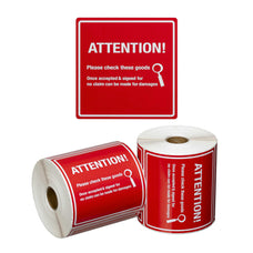 ATTENTION Please Check... Printed Permanent Adhesive Label 99mm x 99mm x 500 Labels per roll MPH15100