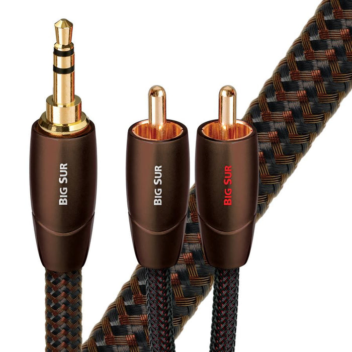 AUDIOQUEST Big Sur 1M 3.5mm to 2 RCA. Solid perf surface Copper plus. Gold Plated/cold welded termination. Foamed-Polyethylene dielectric. Metal layer noise dissi pation. Jacket- brown - black braid CDBIGSUR01MR