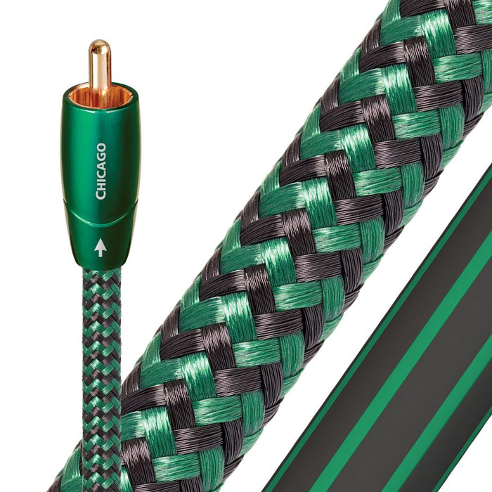 AUDIOQUEST Chicago  1M 2 to 2 RCA . Solid Long Grain Copper (LGC). Double balanced. Hard-cell foam. Double balanced Cold-welded,gold plated termination Jacket - green - black braid CDCHICAGO01