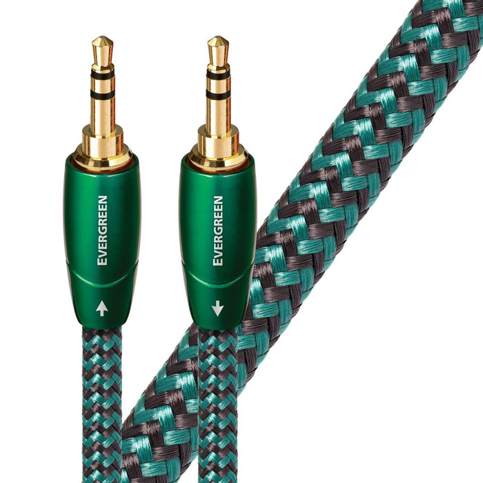 AUDIOQUEST Evergreen 1M 3.5mm M to 3.5mm M. Solid Long Grain Copper. Gold Plated/cold welded termination Foamed-Polyethylene dielectric Metal layer noise dissipation Jacket - green - black braid CDEVERG01M